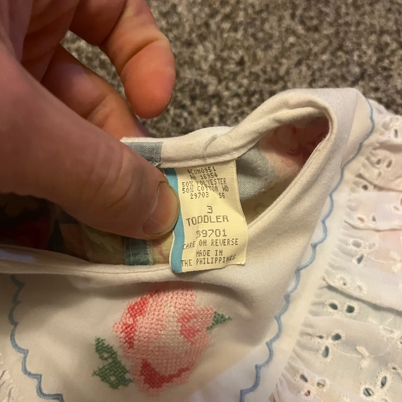 Vintage Girls Dress Floral 3T Lace Collar Needlepoint Spring Blue Pink Pleated - Picture 2 of 6